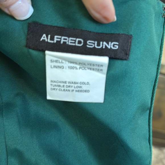 New! Alfred‎ Sung D811S Hunter Green Off Shoulder Draped Wrap Satin Maxi Dress - Picture 5 of 5